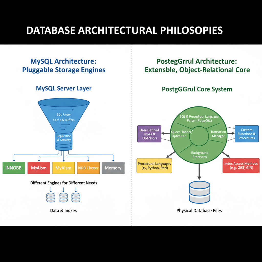 A diagram showing the different architectural philosophies of MySQL (pluggable engines) and PostgreSQL (extensible, object-relational core)