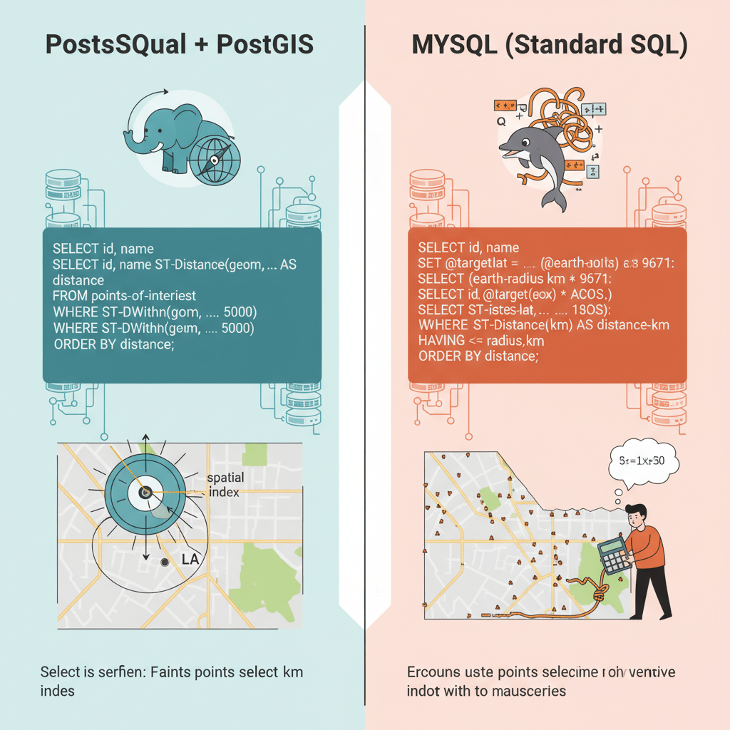 A code snippet comparison showing a complex geospatial query in PostgreSQL with PostGIS versus a standard query in MySQL