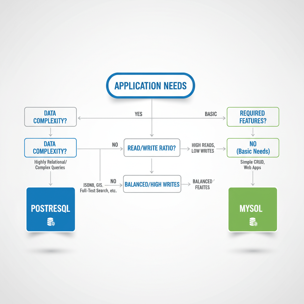 A decision tree graphic helping users choose between MySQL and PostgreSQL based on application needs like data complexity, read/write ratio, and required features.